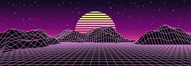 Fondo fantástico retro de los años 80 Paisaje de estructura de wireframe de montaña vectorial con cielo nocturno y puesta de sol Paisaje futurista de neón azul