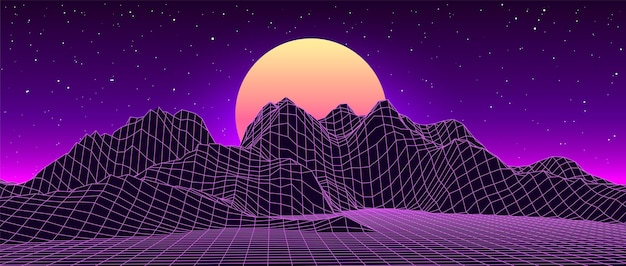 Fondo fantástico retro de los años 80 Paisaje de estructura de wireframe de montaña vectorial con cielo nocturno y puesta de sol
