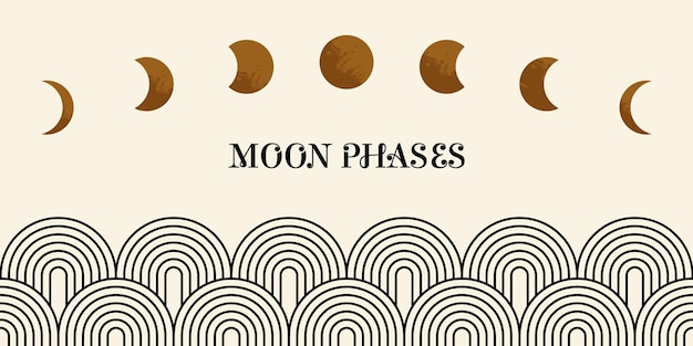 Fondo de fases lunares iconos lunares ciclos de astronomía de estilo minimalista bandera mágica ondas de arco de línea moderna y ilustración vectorial elegante de media luna