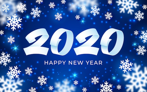 Fondo de feliz año nuevo 2020, texto numérico blanco, azul, tarjeta de invierno de copos de nieve abstractos 3d