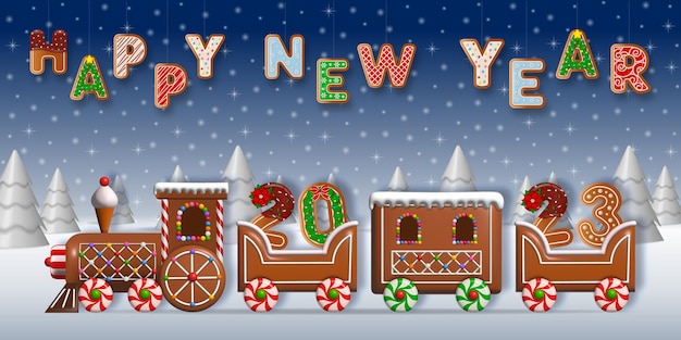 Vector fondo de feliz año nuevo con galletas de jengibre. banner 2023 con tren de pan de jengibre