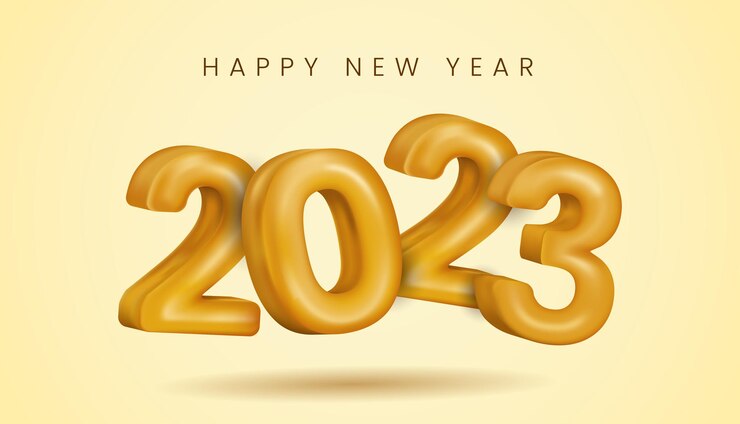 Vector fondo de feliz año nuevo con vector 3d realista número 2023 en color dorado