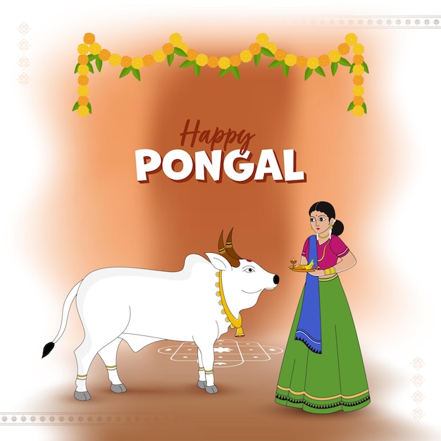 Fondo feliz de la celebración de Pongal con la mujer joven del sur de la India que adora al animal del toro