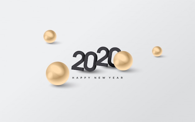 Fondo de feliz cumpleaños 2020 con números negros y con ilustraciones de puntos dorados