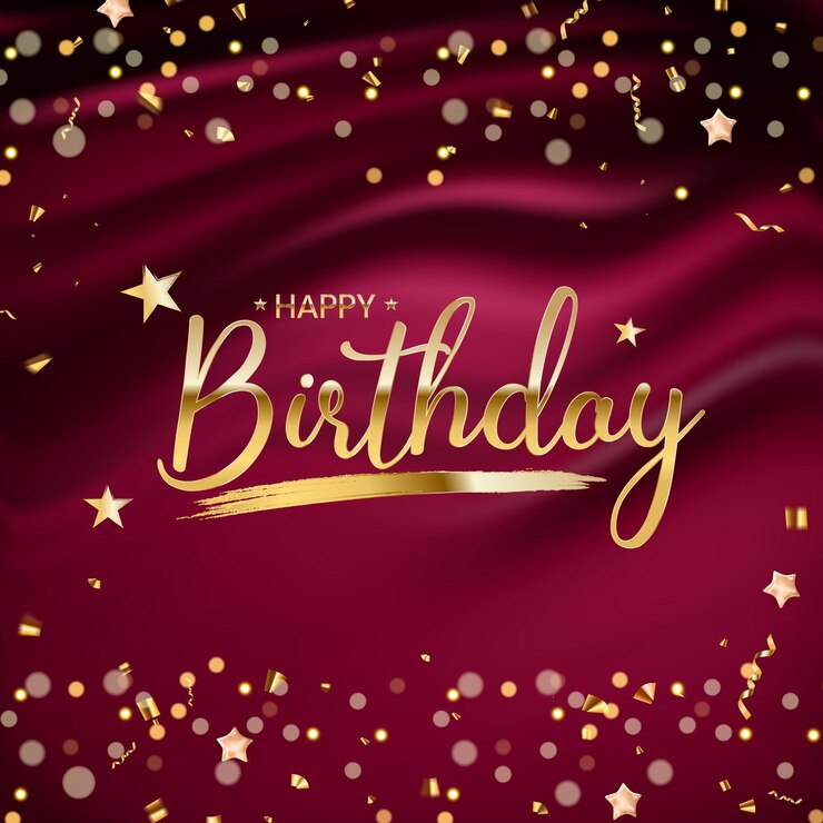 Vector fondo de feliz cumpleaños con confeti dorado y luces bokeh de brillo. ilustración vectorial