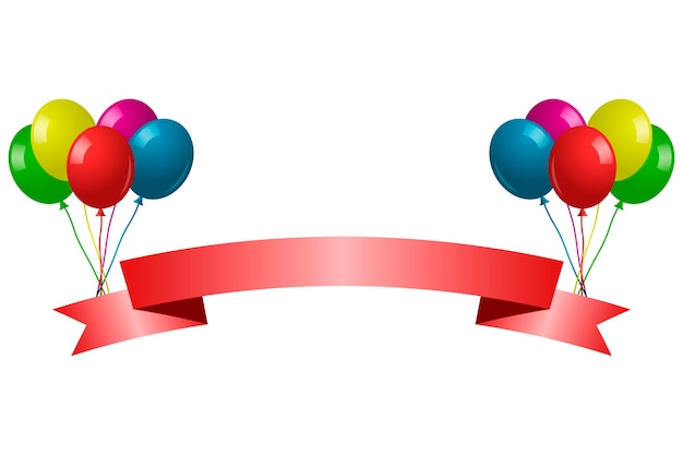 Fondo de feliz cumpleaños con un conjunto de globos de colores Cinta roja festiva en bolas inflables de aire brillante