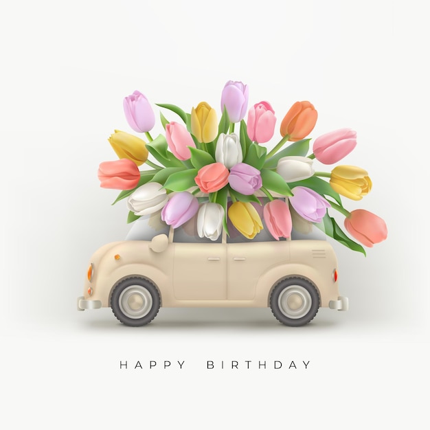 Fondo de feliz cumpleaños con flores y coche