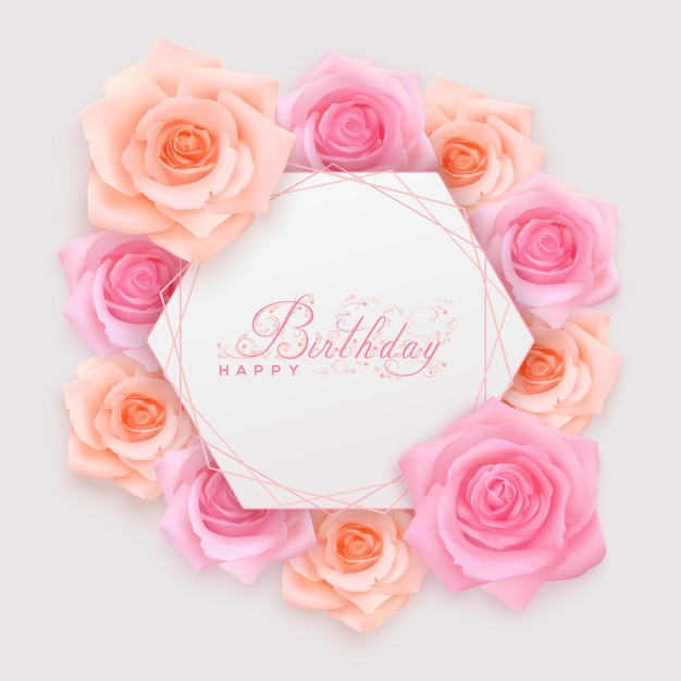Fondo de feliz cumpleaños con rosas rosadas alrededor de la tarjeta de felicitación geométrica