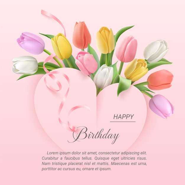 Vector fondo de feliz cumpleaños con tulipanes de colores de cinta bajo corazones cortados de papel sobre fondo rosa