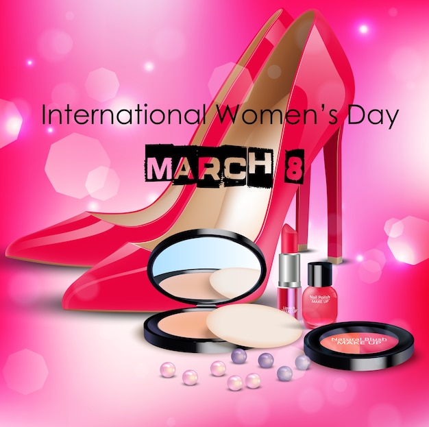 Fondo feliz día de la mujer con zapatos de mujer y cosméticos