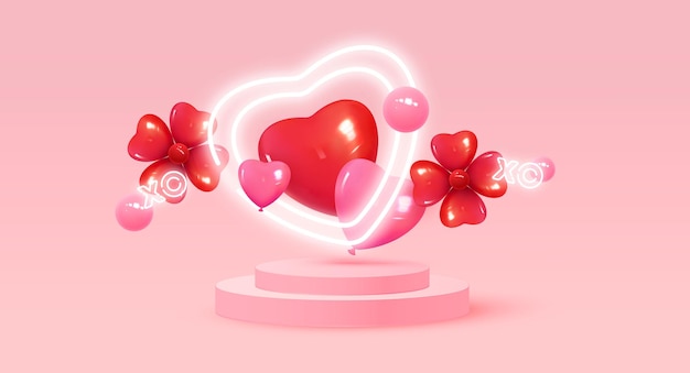 Fondo feliz día de San Valentín. Podio de escenario 3d realista, estudio redondo, artículos decorativos de vacaciones, globos en forma de corazón, símbolo xo.Vector