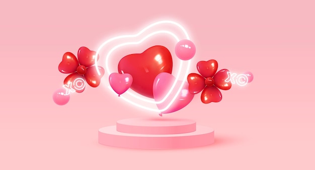 Fondo feliz día de san valentín. podio de escenario 3d realista, estudio redondo, artículos decorativos de vacaciones, globos en forma de corazón, símbolo xo.vector