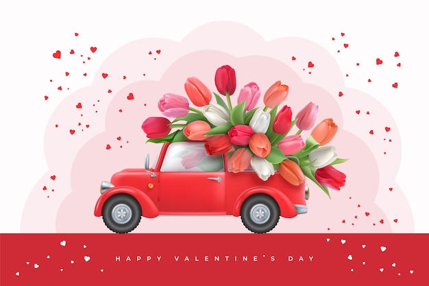 Fondo de feliz día de san valentín con tulipanes en camioneta retro sobre un fondo con corazones