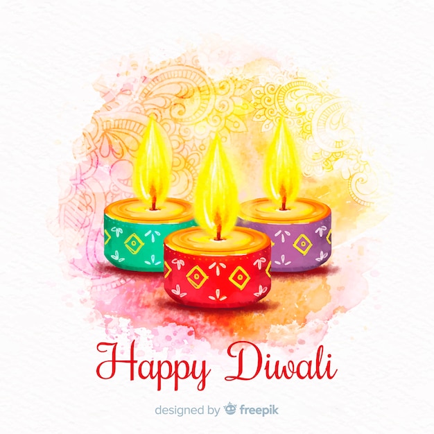 Fondo feliz diwali con velas de colores en diseño de acuarela