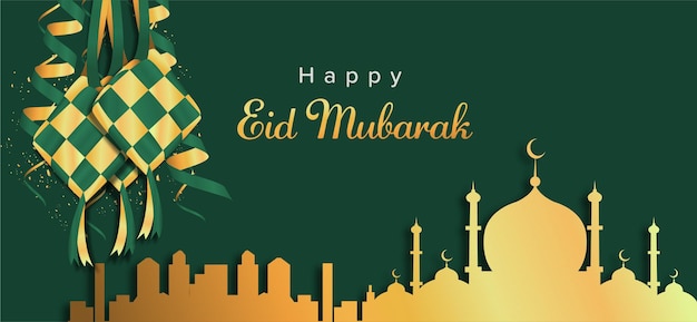 Vector fondo feliz de eid mubarak con mezquita dorada