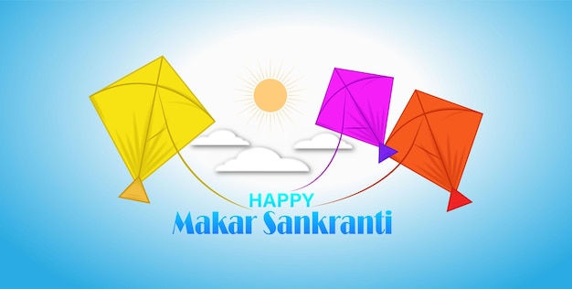 Fondo feliz del festival de Makar Sankranti. Ilustración con cometas voladoras y decoración.