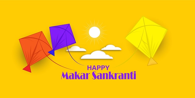 Fondo feliz del festival de makar sankranti. ilustración con cometas voladoras y decoración.