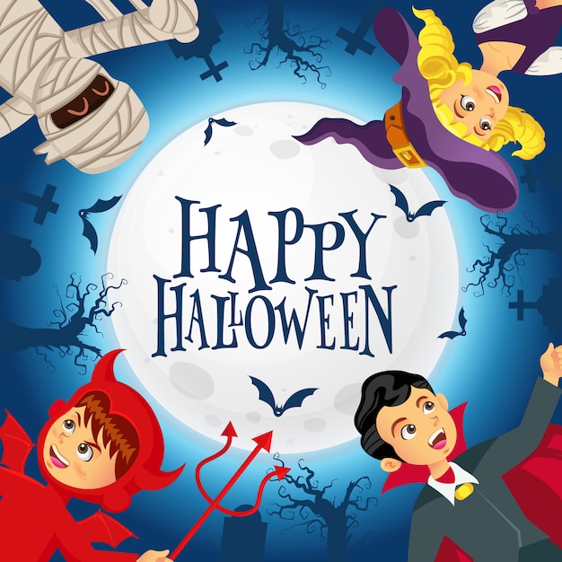 Fondo feliz halloween con niños vestidos con disfraces de halloween en el cementerio y el fondo de luna llena
