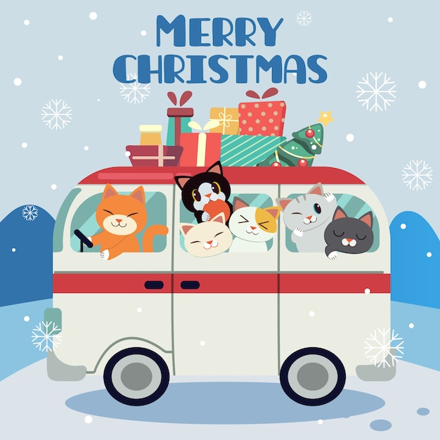 Vector fondo feliz navidad con una camioneta llena de gatos