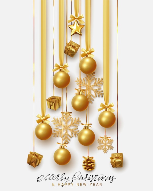 Fondo de feliz navidad y feliz año nuevo. árbol de navidad dorado con cajas de regalo decorativas decorativas de diseño realista, bolas de adornos y estrellas. ilustración vectorial