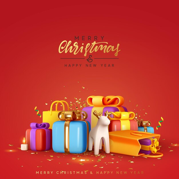 Fondo de feliz Navidad y feliz año nuevo. Diseño 3d realista de Navidad Montón de coloridas cajas de regalo, caja de regalo, bolsa de regalos sorpresa. Banner de vacaciones, afiche, tarjeta de felicitación. ilustración vectorial