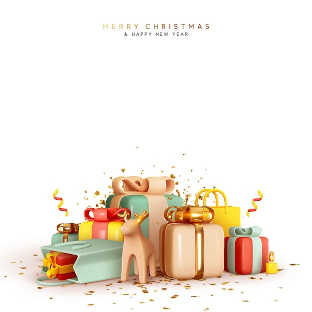 Fondo de feliz Navidad y feliz año nuevo. Diseño 3d realista de Navidad Montón de coloridas cajas de regalo, caja de regalo, bolsa de regalos sorpresa. Banner de vacaciones, afiche, tarjeta de felicitación. ilustración vectorial