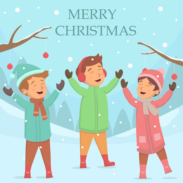 Vector fondo de feliz navidad con ilustración de niños lindos