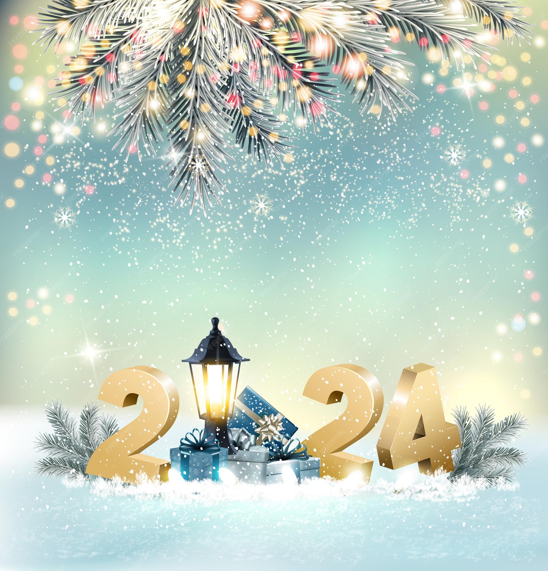 Fondo de feliz Navidad y próspero año nuevo con 2024 y cajas de regalo