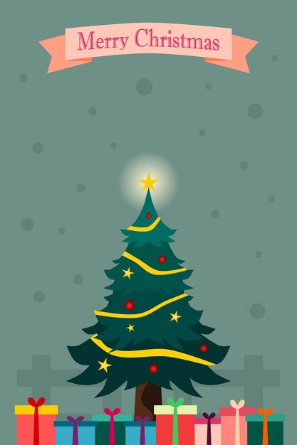 Fondo de Feliz Navidad con regalo de árbol de Navidad y nieve Ilustración vectorial vertical