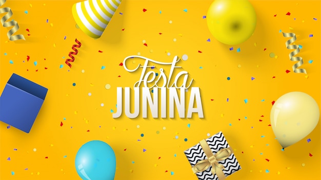 Fondo de Festa Junina con ilustraciones de globos, sombreros y cajas de regalo.
