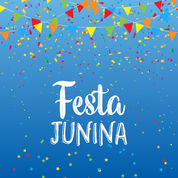 Fondo de festa junina con pancartas y confeti.