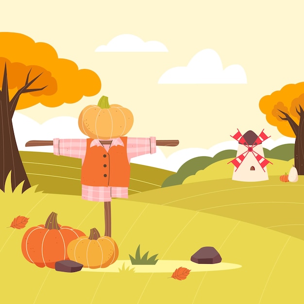 fondo del festival de la cosecha campo fondo del otoño espantapájaros calabazas en el campo