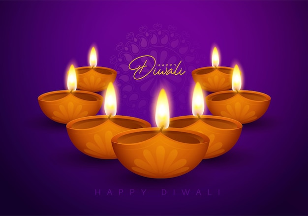 Fondo del festival Happy Diwali con lámpara de aceite realista. Diseño de fondo de Diwali para banner, poste