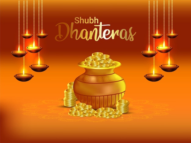 Vector fondo de festival indio shubh dhanteras con olla de monedas de oro