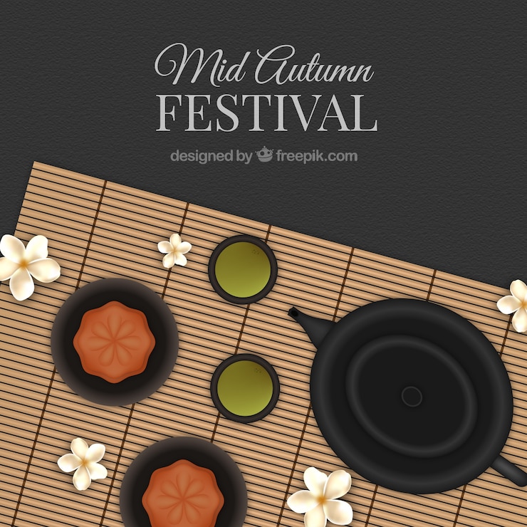 Vector fondo del festival de medio otoño con tetera y flores