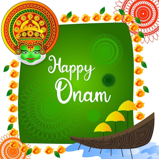 Fondo de festival de Onam feliz Fondo de vector de festival de Kerala con cara de kathakali