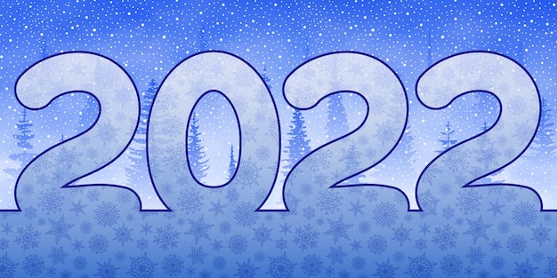 Vector fondo festivo de año nuevo, número 2022, bosque y copos de nieve