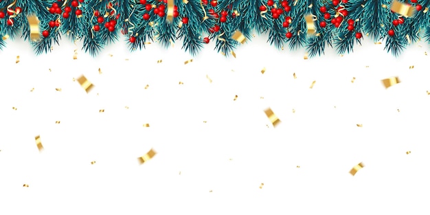 Fondo festivo de año nuevo. Ramas de los árboles de Navidad con bayas de acebo, confeti y bolas de Navidad. Antecedentes de vacaciones. Ilustración vectorial.