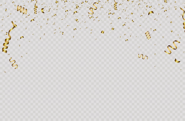 Fondo festivo con confeti dorado y cinta dorada. Cae confeti brillante en color oro aislado sobre fondo transparente. Año nuevo, cumpleaños, elemento de diseño del día de San Valentín.