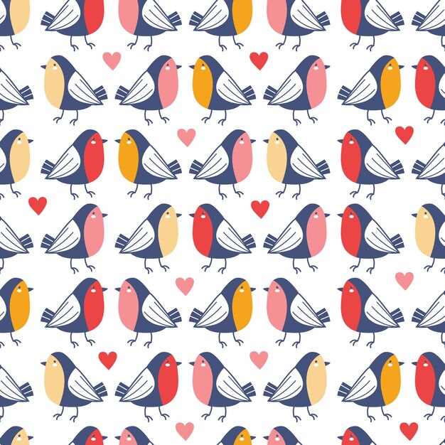 Fondo festivo sin costuras Día de San Valentín 14 de febrero Lindos pajaritos entre corazones rojos y rosas sobre un fondo blanco Ilustración vectorial dibujada a mano para papel de embalaje de papel tapiz