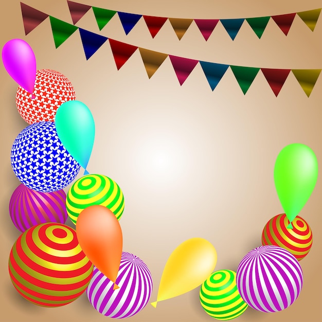 Fondo festivo con globos, banderas y pelotas.