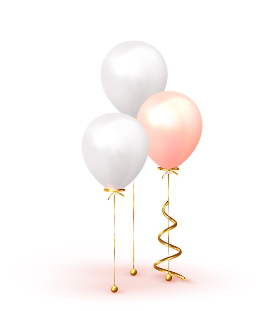 Fondo festivo con globos de helio. celebra un cumpleaños, un afiche de vacaciones, una pancarta de feliz aniversario. elementos 3d de diseño decorativo realista. pastel de color rosa suave y blanco. ilustración vectorial