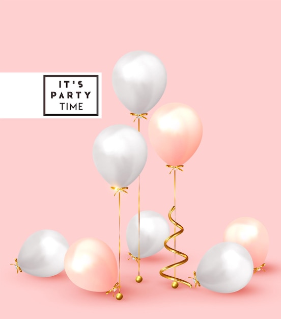 Fondo festivo con globos de helio. Celebra un cumpleaños, un afiche de vacaciones, una pancarta de feliz aniversario. Elementos 3d de diseño decorativo realista. Pastel de color rosa suave y blanco. ilustración vectorial