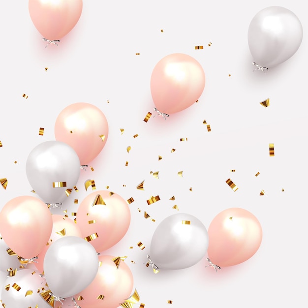 Fondo festivo con globos de helio. Celebre un cumpleaños, un afiche de vacaciones, una pancarta de feliz aniversario. Tarjeta de felicitación de diseño 3d realista. Pastel de color rosa suave y blanco. ilustración vectorial