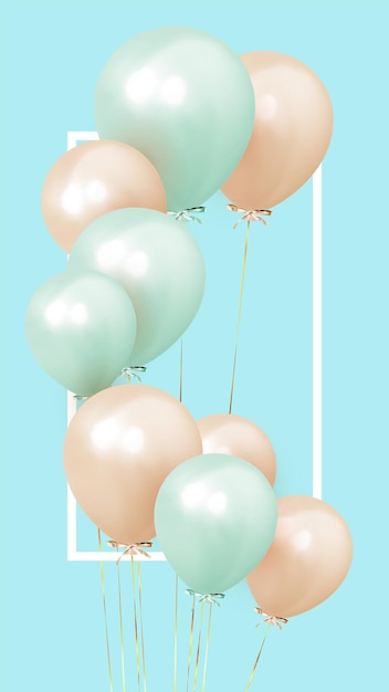 Fondo festivo con globos de helio, objetos 3d. Celebrar un cumpleaños, Afiche, pancarta feliz aniversario. copiar espacio para texto. Globo vectorial, color rosa y azul. plantilla de historia de redes sociales