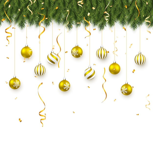 Fondo festivo de Navidad o año nuevo. Ramas de abeto de Navidad con confeti y bolas de oro de Navidad. Antecedentes de vacaciones.