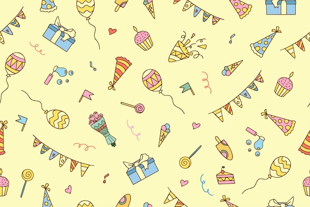 Fondo de fiesta sin costuras dibujado a mano con cajas de regalos, globos y decoración festiva, genial para cumpleaños, textiles, pancartas, papeles de pared, envases, diseño vectorial, ilustración vectorial.