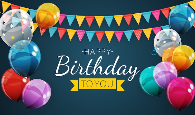 Fondo de fiesta de cumpleaños feliz con banderas y globos.