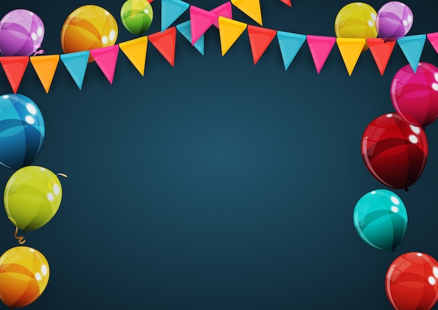 Fondo de fiesta de cumpleaños feliz con banderas y globos