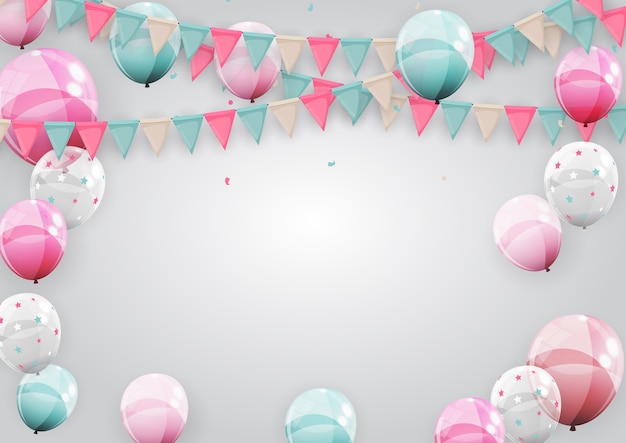 Fondo de fiesta de cumpleaños feliz con banderas y globos